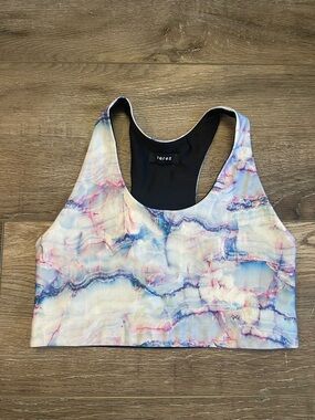 Terez Marble-Effect Racerback Sports Bra in Light Blue, Pink & White worn once M